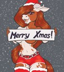 anthro breasts christmas_clothing clothing female hair hat headgear headwear holidays horn long_hair open_mouth simple_background smile solo under_boob reaper3d christmas nery_(reaper3d) bovid bovine cattle equid equine horse hybrid mammal hi_res