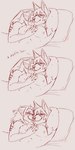 after_sex anthro blush bodily_fluids duo female lying male nipples on_back pillow satisfied sweat text nyushi elroc_(character) nyu_(nyufluff) anubian_jackal canid canine canis jackal mammal absurd_res hi_res sketch_page translated