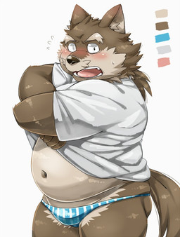 anthro belly blush bodily_fluids bottomless bread brown_body brown_fur clothed clothing food fur kemono looking_at_viewer male navel nipples open_mouth overweight overweight_anthro overweight_male shirt simple_background solo sweat topwear underwear white_background nikiciy canid canine canis mammal wolf unavailable_at_source