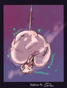 ambiguous_gender blush blush_lines feral feral_pred hanging_from_tail onomatopoeia purple_body size_difference smaller_pred sound_effects tail text tilde_after_text translucent translucent_body vore conditional_dnp foxyoreos gyrotech rain_world videocult yoku_(gyrotech) lantern_mouse_(rain_world) slugcat hi_res