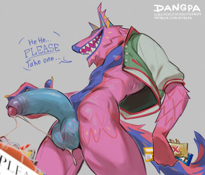 anthro balls blue_body blue_fur blue_lips blue_nose blue_penis bodily_fluids bottomless candy clothed clothing cum cum_on_candy cum_string dessert food foreskin fur genital_fluids genitals grey_background hand_on_penis holding_candy holding_food holding_object holidays jacket jacket_only lips male multicolored_body nipples open_clothing open_mouth open_smile open_topwear penis pink_body pink_fur pink_nipples sharp_teeth simple_background small_waist smile solo tail teeth text topwear topwear_only trick-or-treating dangpa epic_games fortnite halloween mythology andy_fangerson alebrije canid canine mammal mythological_canine mythological_creature werecanid werecanine werecreature werewolf 2025 english_text hi_res signature url