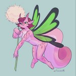 anthro breasts dandelion female flower flying green_sclera hair horn insect_wings nude pink_body pink_hair plant simple_background smile solo wings trololohstuffs mythology dragon fairy_dragon mythological_creature mythological_scalie scalie 1:1 2022 digital_media_(artwork) hi_res