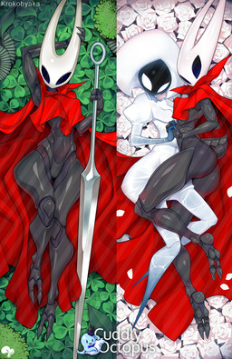 anthro arthropod_abdomen big_butt blue_eyes bodysuit breasts butt cloak cloak_only clothing clover_(plant) clover_leaf dakimakura duo empty_eyes featureless_feet feet female flower grey_body hand_holding holding_object holding_weapon leaf looking_at_viewer lying navel nipple_outline on_back plant red_cloak red_clothing rose_(flower) skinsuit small_breasts thick_thighs tight_clothing weapon white_body white_bodysuit white_clothing white_eyes white_rose white_skinsuit wide_hips krokobyaka hollow_knight:_silksong hollow_knight_(franchise) team_cherry hornet_(hollow_knight) lace_(hollow_knight:_silksong) arthropod insect dakimakura_design hi_res