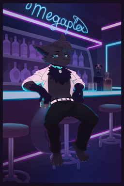 alcohol alcohol_bottle anthro barefoot bartop belt beverage beverage_bottle biped blazer blue_border blue_eyes border bottle chest_tuft clothed clothing collar collar_tag container ear_piercing ear_ring eye_markings facial_markings feet fluffy fluffy_chest fur glass grey_body grey_fur head_markings holding_glass holding_object looking_at_viewer male male_anthro markings mottled mottled_arm mottled_body mottled_tail navel nightclub piercing purple_body purple_fur ring_piercing shirtless shirtless_anthro shirtless_male slacks smile smiling_at_viewer smirk smirking_at_viewer solo tear_(marking) text tuft nicothejoe blade_runner mythology vial_furglitch dragon furred_dragon furred_scalie mythological_creature mythological_scalie scalie 2026 2:3 digital_media_(artwork) english_text hi_res