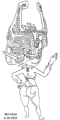bikini butt clothing female fused_shadow headgear headwear looking_at_viewer looking_back snaggle_tooth solo swimwear teasing teasing_with_butt two-piece_swimsuit mortdres nintendo the_legend_of_zelda twilight_princess midna humanoid imp twili 2012 absurd_res dated hi_res sketch