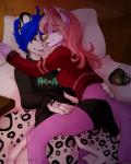 anthro blue_hair clothed clothing cuddling duo eyes_closed female female/female fur hair markings pink_body pink_fur pink_hair smile spots spotted_body spotted_fur wolflady roxy_bradingham shy_(character) canid canine canis felid leopard mammal pantherine wolf 2017 4:5 digital_media_(artwork)