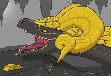 ambiguous_gender bodily_fluids cave feral gold_(metal) grey_body grey_scales horn mouth_shot narrowed_eyes open_mouth rock saliva saliva_string scales sharp_teeth snout solo teeth tongue yellow_body yellow_horn yellow_scales yellow_sclera harker_(artist) capcom monster_hunter mythology dragon elder_dragon kulve_taroth mythological_creature mythological_scalie scalie female_(lore)