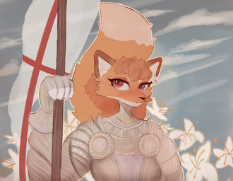 anthro armor aura badass_woman banner clothing england female flower fox_ears fox_tail fullplate_armor fur gauntlets gloves gold_(metal) hair handwear knight looking_at_viewer medieval melee_weapon orange_body orange_fur orange_hair plant polearm sky solo spear warrior weapon greengirdle fan_character canid canine fox mammal portrait