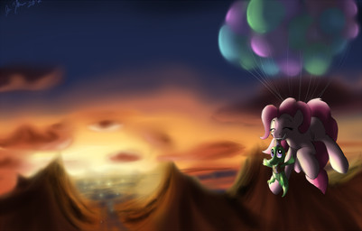 attached_to_balloon balloon balloon_support cloud detailed_background duo eyes_closed female feral flying fur green_body green_scales hair hanging_from_balloon inflatable inflatable_support landscape mountain outside pink_body pink_fur pink_hair scales sky smile sunset inkybeaker friendship_is_magic hasbro my_little_pony gummy_(mlp) pinkie_pie_(mlp) crocodile crocodilian earth_pony equid equine horse mammal pony reptile scalie 2012