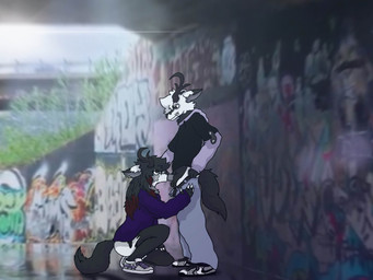 anthro antlers black_tail bottomless bottomless_anthro clothed clothing duo ear_piercing ear_ring fellatio female fur graffiti hand_on_head hand_on_leg hand_on_thigh horn kneeling male male/female multicolored_body multicolored_fur on_one_knee oral partially_clothed penile piercing public public_sex ring_piercing sex slim submissive submissive_female tail under_bridge notkojiro american_mythology indigenous_north_american_mythology mythology north_american_mythology reno_(notkojiro) willow_(notkojiro) cryptid deer mammal wendigo 4:3 absurd_res hi_res brother_(lore) brother_and_sister_(lore) incest_(lore) sibling_(lore) sister_(lore)