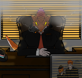 accessory ambiguous_gender anthro black_clothing blinds chair cigar cigar_in_mouth cigarette cigarette_in_mouth cigarette_smoke clothing collared_shirt desk disguise dress_shirt dress_suit fedora furniture group hat headgear headwear male male/male mask multicolored_body necktie object_in_mouth office orange_body orange_scales pouches purple_body purple_scales red_body red_necktie red_scales scales shirt smoke swivel_chair table tail tan_body tan_scales topwear trio window yellow_eyes crimsontyd capcom monster_hunter bird_wyvern dinosaur dromaeosaurid human humanoid iodrome ioprey mammal prehistoric_species reptile saurischian scalie theropod absurd_res hi_res