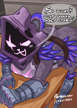 anthro arm_support asking_another belt bent_over big_breasts big_butt blush blush_lines boots breasts butt clothing ears_through_headwear facial_scar female footwear fur furniture high-angle_view huge_breasts inviting leaning leaning_forward leaning_on_elbow leaning_on_table looking_at_viewer metal_boots metal_gloves narrowed_eyes purple_body purple_fur scar shoes table text moxydraws epic_games fortnite raven_team_leader bear mammal digital_drawing_(artwork) digital_media_(artwork) hi_res url