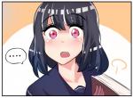 black_hair blush book border ellipsis eyebrow_through_hair eyebrows eyelashes female hair human_only not_furry pink_eyes solo speech_bubble translucent translucent_hair white_border merryweatherey princess_hinghoi human mammal artist_collaboration hi_res