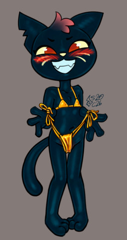 aged_down anthro barely_visible_genitalia barely_visible_vulva bikini blue_body breasts clothing female genitals loli looking_at_viewer red_eyes small_breasts smile solo swimwear two-piece_swimsuit vulva whiskers young young_anthro young_female soulcentinel golden_week night_in_the_woods mae_borowski domestic_cat felid feline felis mammal 2026