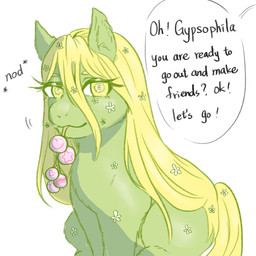 accessory blonde_hair dialogue female female_feral feral flower flower_in_hair fur green_body green_fur hair hair_accessory long_hair looking_at_viewer mouth_hold nodding offscreen_character plant simple_background sitting smile solo text white_background yellow_eyes yellowcottoncandy030 fluffy_pony gypsophila fluffy_pony_(species) mammal 1:1 2025 digital_media_(artwork) english_text hi_res