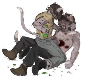 anthro blood blood_on_clothing blood_on_mouth bodily_fluids boots bottomwear broken_bottle brown_hair clothing denim denim_bottomwear denim_clothing duo ear_piercing ear_ring footwear grey_body grey_skin hair highlights_(coloring) holding_another jeans long_tail looking_at_another lying male muscular on_ground on_top on_top_of_another open_mouth pants piercing ring_piercing shirt shoes short_hair simple_background sleeveless_shirt tail topwear white_highlights yellow_eyes ddcrushh dylan_(ddcrushh) felid feline mammal colored_sketch digital_drawing_(artwork) digital_media_(artwork) hi_res sketch trans_(lore) trans_man_(lore)