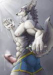 2018 4_fingers abs anthro athletic_wear balls black_nose blue_bottomwear blue_clothing blue_eyes blue_pants blue_shorts bodily_fluids bottomwear butt canid canine canis censored censored_genitalia censored_penis clothed clothing countershading cum cum_drip cum_on_hand cum_on_tongue cum_string digital_media_(artwork) dripping fingers fur genital_fluids genitals geppei5959 glans grey_body grey_fur grey_pawpads gym_bottomwear gym_shorts hi_res kemono light male mammal mosaic_censorship multicolored_body multicolored_fur muscular muscular_anthro muscular_male neck_tuft nipples pants pawpads pecs penis pink_glans pink_nipples pink_penis pink_tongue portrait shorts shorts_only side_view solo tan_balls tan_body tan_countershading three-quarter_portrait tongue topless tuft two_tone_body two_tone_briefs two_tone_fur underwear underwear_only vein veiny_penis wolf yellow_clothing yellow_seam_pants yellow_seam_shorts