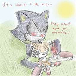 anthro big_eyes big_head black_eyes black_sclera blue_body claws day doll duo featureless_crotch glowing glowing_eyes grass holding_object holding_toy lying machine male on_back outside plant plushie red_eyes sitting size_difference sky sun text toony toy girgrunny sega sonic_the_hedgehog_(series) metal_sonic tails_doll animate_inanimate canid canine eulipotyphlan fox hedgehog living_doll mammal robot 1:1 colored_sketch english_text sketch