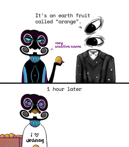 2_panel_comic beech_(font) clothed clothed_humanoid clothing dialogue duo female food fruit heart_symbol holding_food holding_fruit holding_object holding_orange male not_furry orange_(fruit) plant print_clothing print_shirt print_t-shirt print_topwear shirt simple_background substance_intoxication t-shirt text topwear white_background wide_eyed cherridwan corru.observer akizet_(corru.observer) gordon_(corru.observer) alien humanoid obesk 2026 comic english_text