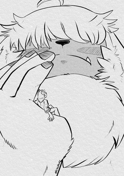 anthro cute_fangs duo extreme_size_difference fangs fluffy fluffy_chest hair hair_over_eyes male micro size_difference teeth underbite okineko bandai_namco digimon angoramon canid canine canis digimon_(species) domestic_dog mammal hi_res line_art monochrome