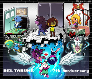 ambiguous_gender anniversary anthro axe closet clothed clothing computer_monitor dark_fountain delta_rune_(emblem) dress feathered_wings feathers female freckled_face freckles group jacket male melee_weapon paper red_heart scarf sweater sword symbol text thorns topwear weapon white_wings wings t_hanada_444 deltarune undertale_(series) berdly kris_dreemurr noelle_holiday ralsei susie_(deltarune) avian bird bluebird bovid caprine darkner deer goat human mammal monster new_world_deer oscine passerine reindeer scalie soul_(undertale) thrush_(bird) 2025 english_text hi_res