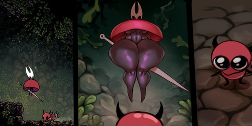 2_horns ambiguous_gender antennae_(anatomy) anthro big_breasts black_body black_eyes bottom_heavy bottomless bottomless_anthro bottomless_female breasts clothed clothing dress duo featureless_crotch female floating glistening glistening_body googly_eyes hands_behind_back holding_object holding_weapon horn huge_hips huge_thighs hyper hyper_thighs larger_anthro larger_female looking_down looking_down_at_another looking_up_at_another navel non-mammal_breasts non-mammal_navel plant red_body red_clothing red_dress screencap size_difference small_waist smaller_ambiguous smaller_anthro spikes spikes_(anatomy) thick_thighs under_boob weapon wide_hips psina2 fototeta hollow_knight:_silksong hollow_knight_(franchise) team_cherry hornet_(hollow_knight) ant arthropod humanoid hymenopteran insect 2025 digital_media_(artwork) hi_res