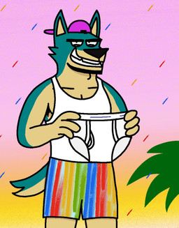 anthro backwards_baseball_cap backwards_hat baseball_cap beard black_hair black_nose blue_body blue_fur bottomwear briefs clothing facial_hair fur gradient_sky hair hat headgear headwear holding_briefs holding_clothing holding_object holding_underwear male monotone_briefs monotone_clothing monotone_underwear multicolored_bottomwear multicolored_clothing multicolored_shorts open_mouth open_smile orange_sky outside pink_sky purple_baseball_cap purple_sky rainbow_bottomwear rainbow_clothing rainbow_shorts shorts sky smile solo tan_body tan_fur teeth_showing tighty_whities underwear white_briefs white_clothing white_underwear eddicus eduardo_(eddicus) canid canine mammal hi_res
