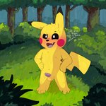 absurd_res anthro balls blush bodily_fluids drowsypuppy embarrassed erection fur generation_1_pokemon genital_fluids genitals hi_res male mammal murid murine nintendo outside penis pikachu pokemon pokemon_(species) precum rodent small_penis solo tagme teasing text yellow_body yellow_fur