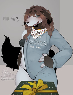 areola bikini bodily_fluids breasts brown_hair christmas_present clothing embarrassing_nudity exposed_breasts floppy_ears gift hair holidays puffy_areola scarf string_bikini sweat sweatdrop sweater swimwear topwear two-piece_swimsuit hushloafs brooklyn_sweater christmas hush_(hushloafs) animal_humanoid canid canid_humanoid canine canine_humanoid dog_humanoid humanoid mammal mammal_humanoid hi_res trans_(lore)