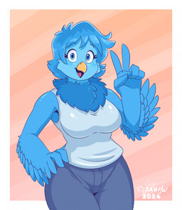5_fingers abstract_background anthro beak blue_body blue_eyebrows blue_eyes blue_feathers blue_hair border bottomwear cheek_tuft chest_tuft clothing eyebrow_through_hair eyebrows eyelashes facial_tuft feather_hands feathers female fingers gesture grey_bottomwear grey_clothing grey_pants hair hand_gesture hand_on_hip logo looking_at_viewer open_beak open_mouth orange_background outside_border pants pattern_background pink_tongue simple_background solo striped_background thick_thighs tongue topwear translucent translucent_hair tuft v_sign white_border white_clothing white_topwear winged_arms wings yellow_beak jayheartwing undertale_yellow martlet_(undertale_yellow) avian bird 2024 artist_logo hi_res shaded signature