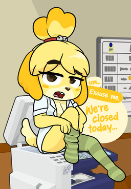 blush blush_stickers clothed clothing disgruntled extended_leg eyelashes female footwear fur green_clothing green_footwear green_socks legwear long_eyelashes long_socks office open_clothing open_shirt open_topwear photocopier shirt socks stockings text topwear whiteboard yellow_body yellow_fur yellow_text dm29 animal_crossing nintendo isabelle_(animal_crossing) canid canine canis domestic_dog mammal shih_tzu toy_dog