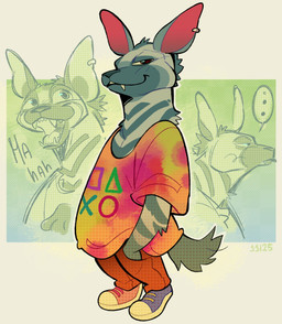 anthro black_body black_fur bottomwear brown_bottomwear brown_clothing brown_pants clothing ear_piercing fangs female footwear fur grey_body grey_fur laugh multicolored_body multicolored_clothing multicolored_fur multicolored_shirt multicolored_topwear multiple_poses orange_clothing orange_footwear orange_shoes pants piercing pose purple_clothing purple_footwear purple_shoes shirt shoes smile smiling_at_viewer solo tail teeth topwear two_tone_body two_tone_fur lakesparkles goat_(movie) sony_corporation sony_pictures hannah_(goat) aardwolf hyena mammal 2025 digital_media_(artwork) hi_res
