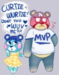 anthro belly blue_body blue_fur blush bodily_fluids clothing dialogue duo fur hand_holding male overweight overweight_male shirt simple_background sweat text text_on_clothing text_on_shirt text_on_topwear topwear scribblinglee animal_crossing nintendo bluebear_(animal_crossing) curt_(animal_crossing) bear mammal 2020 english_text hi_res