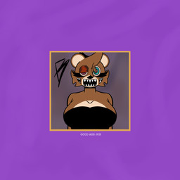 album_redraw anthro big_breasts breasts brown_body brown_fur cheek_tuft eyelashes facial_tuft female fur head_tuft looking_at_viewer multi_mouth sharp_teeth solo symmetry teeth tuft yosoybonfie kanye_west dropout_bear bear mammal 1:1 absurd_res hi_res