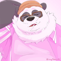 anthro black_body candy clothing dessert eyes_closed eyewear food fur glasses hat headgear headwear kemono lollipop male overweight overweight_male shirt solo topwear white_body white_fur 0ottotto0 bear giant_panda mammal 1:1 2025 hi_res portrait