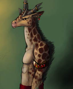 accessory anthro armlet athletic athletic_anthro athletic_male bangle black_background black_horn black_mane bottomwear brown_body brown_eyes brown_fur brown_spots clothed clothing countershade_torso countershading dipstick_ears ear_markings ear_piercing ears_back fur furgonomics gem gold_(metal) gold_jewelry gradient_background green_background horn horn_jewelry horn_ring inner_ear_fluff jewelry long_mouth long_neck looking_at_viewer looking_away male mane markings multi_horn multicolored_ears pants piercing pink_body pink_fur pivoted_ears red_bottomwear red_clothing red_pants ring_(jewelry) ruby_(gem) side_view simple_background solo spots spotted_body spotted_fur standing tan_body tan_countershading tan_fur topless tuft yellow_background yellow_body yellow_fur machinari giraffid mammal sivatherium 2012 digital_media_(artwork) guide_lines half-length_portrait portrait