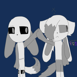 4_ears 4_eyes ambiguous_gender anthro belly_mouth black_sclera duo fur knee_eyes mouthless multi_ear multi_eye napalm_gnladimir no_pupils open_species outline tail tail_mouth unusual_anatomy unusual_tail wroockussia canid mammal 1:1 alpha_channel hi_res