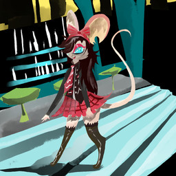 alternative_fashion anthro bar blue_eyes bottomwear clothed clothed_female clothing detailed_background female fully_clothed fully_clothed_female furniture inside necktie punk red_bottomwear red_clothing red_skirt skirt smile solo stool naircat mammal mouse murid murine rodent 2016 digital_drawing_(artwork) digital_media_(artwork) hi_res