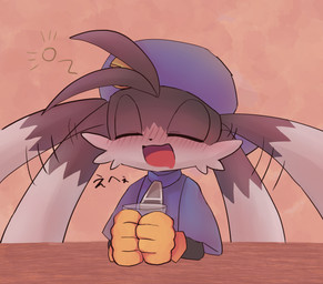 anthro backwards_baseball_cap backwards_hat baseball_cap black_body black_fur blue_baseball_cap blue_clothing blue_shirt blue_topwear clothing eyes_closed fur furniture gloves handwear hat headgear headwear holding_glass holding_object kemono male open_mouth shirt sitting solo table text topwear yellow_clothing yellow_gloves yellow_handwear young young_anthro young_male haippp bandai_namco klonoa_(series) klonoa 2020 absurd_res hi_res japanese_description japanese_text