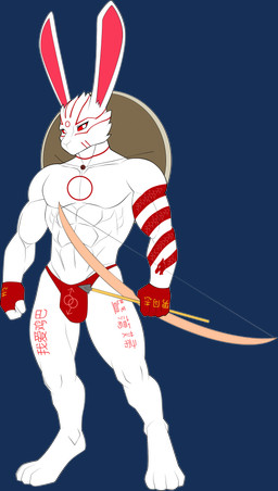 abs anthro arrow_(weapon) bow_(weapon) clothed clothing dragon_tattoo fur gloves handwear holding_object holding_weapon looking_at_viewer male markings muscular muscular_anthro muscular_male pecs rabbit_ears ranged_weapon red_eyes red_markings simple_background skimpy solo speedo swimwear tattoo text thong underwear weapon white_body white_fur sparksstars asian_mythology chinese_mythology east_asian_mythology mythology tu'er_shen deity lagomorph leporid mammal rabbit absurd_res alpha_channel chinese_text digital_media_(artwork) hi_res