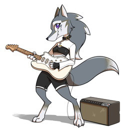 3_toes 4_fingers amplifier anthro barefoot black_bottomwear black_clothing black_nose black_shorts bottomwear breasts claws clothed clothing collar electric_guitar feet female fingerless_gloves fingers fur gloves grey_body grey_fur grey_hair guitar hair handwear highlights_(coloring) holding_guitar holding_musical_instrument holding_object looking_at_viewer musical_instrument playing_guitar playing_music plucked_string_instrument purple_eyes shorts simple_background smile solo standing string_instrument tail teeth text toe_claws toes topwear white_background white_body white_fur white_highlights miakameron fender_musical_instruments_corporation fox_amplifiers_company telecaster canid canine canis mammal wolf absurd_res digital_media_(artwork) english_description english_text hi_res