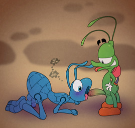 antennae_(anatomy) anthro arthropod_abdomen balls blush duo erection genitals hands_on_hips imminent_fellatio imminent_oral inner_monologue male male/male motion_lines open_mouth oral penis side_butt size_difference smug text thinking thought_bubble throbbing tongue tongue_out tremble_spikes twitching wide_eyed argon_vile a_bug's_life bug! disney pixar sega bug_(bug!) flik_(a_bug's_life) arthropod insect hi_res