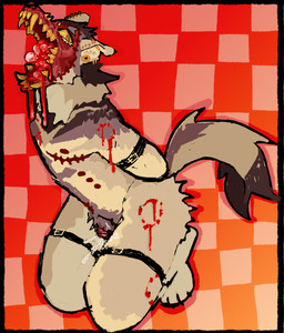 abstract_background andromorph anthro bdsm bite_mark blood bodily_fluids bondage bound gore gore_focus intersex mastectomy_scar open_mouth scar sharp_teeth solo teeth guncht canid canine mammal trans_(lore) trans_man_(lore)