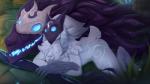 2019 anthro ass_up blue_eyes blue_markings bovid bow_(weapon) canid caprine chest_tuft conditional_dnp digital_media_(artwork) duo featureless_(disambiguation) female fungus fur glowing glowing_eyes grass hi_res kindred_(lol) lamb_(lol) league_of_legends male mammal markings mask mushroom neck_tuft nude outside plant ranged_weapon riot_games scappo sheep side_view smile tencent tree tuft watermark weapon white_body white_fur wolf_(lol)