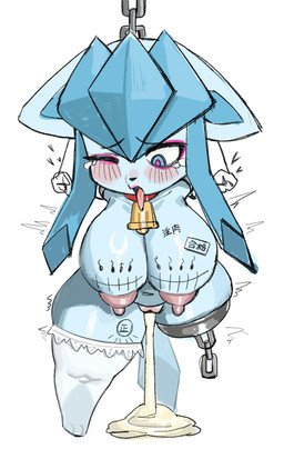 amputee anthro areola bdsm biped blue_eyes bodily_fluids body_writing bound breasts cowbell cum cum_from_vagina cum_in_vagina cum_inside disability erect_nipples eyebrows female front_view genital_fluids genitals heart_symbol mostly_nude nipples one_eye_closed pokemorph simple_background solo tongue tongue_out vulva white_background jingzhou14848 nintendo pokemon eeveelution generation_4_pokemon glaceon pokemon_(species) hi_res