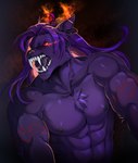 angry anthro black_sclera burning ear_piercing ear_ring fangs fangs_bared fire flowing_hair fur hair male muscular muscular_male nipples piercing purple_body purple_fur red_eyes ring_piercing solo teeth galdway iris_grim canid canine canis felid hybrid lycafel mammal prehistoric_species saber-toothed_tiger wolf absurd_res hi_res