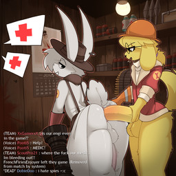 anal anal_penetration angry anthro anus anus_outline anus_peek armor ass_up balls big_balls big_butt big_ear big_ears big_penis blood bodily_fluids braided_hair bullet butt butt_focus butt_grab calendar chat chat_box clothing coat coat_cape dog_tail doggystyle duo ear_piercing eyewear floor from_behind_position fur genitals glasses hair hand_on_butt hard_hat hat headgear headwear helmet huge_penis jacket lamp looking_at_another looking_back looking_pleasured male male/male male_penetrated male_penetrating male_penetrating_male penetration penile penile_penetration penis penis_in_ass piercing rocket scut_tail sex shallow_penetration short_tail spread_anus spreading standing_doggystyle sweater tail text topwear wall_(structure) white_body white_fur wood wood_floor wood_wall yellow_body yellow_fur carbanogg team_fortress_2 valve engineer_(team_fortress_2) medic_(team_fortress_2) animal_humanoid canid canine humanoid lagomorph lagomorph_humanoid mammal mammal_humanoid 1:1 english_text hi_res