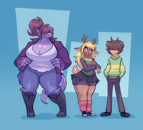 anthro antlers big_breasts blonde_hair boots bottomwear breast_size_difference breasts brown_hair cargo_pants cleavage clothed clothed_anthro clothed_female clothing curvy_figure female footwear fully_clothed fully_clothed_anthro fully_clothed_female grin group hair happy horn huge_breasts huge_hips huge_thighs jacket male microskirt miniskirt open_mouth open_smile pants ponytail shirt shoes shorts skirt smile spandex spandex_shorts sweater thick_thighs tight_bottomwear tight_clothing tight_shorts topwear trio voluptuous voluptuous_anthro voluptuous_female wide_hips bigdad deltarune undertale_(series) kris_dreemurr noelle_holiday susie_(deltarune) deer human mammal new_world_deer reindeer scalie 2022