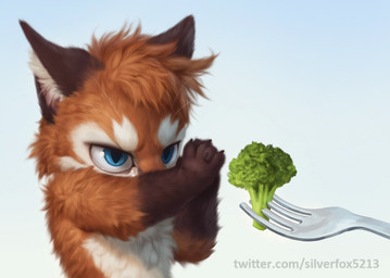 ambiguous_gender anthro blue_background blue_eyes broccoli brown_body brown_fur claws cutlery food fork fur kitchen_utensils offscreen_character parody plant pupils red_body red_fur simple_background slit_pupils solo text tools vegetable whiskers white_body white_fur silverfox5213 silverfox5213_(character) canid canine fox mammal red_fox true_fox 2025 inspired_by_formal_art url male_(lore)