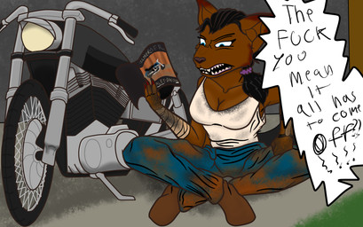 angry anthro arm_tattoo clothing dirty dirty_clothing female female_anthro motorcycle simple_background solo speech_bubble tattoo vehicle crashflash harley_davidson crystal_(crashflash) canid canine canis mammal wolf hi_res